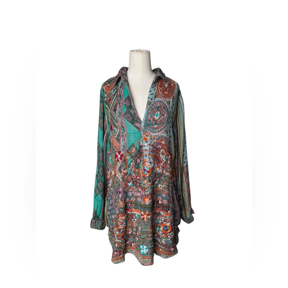 ANU Boho Embroidered Tunic Blouse – Multicolor Paisley Floral Print – Bohemian - Picture 2 of 5